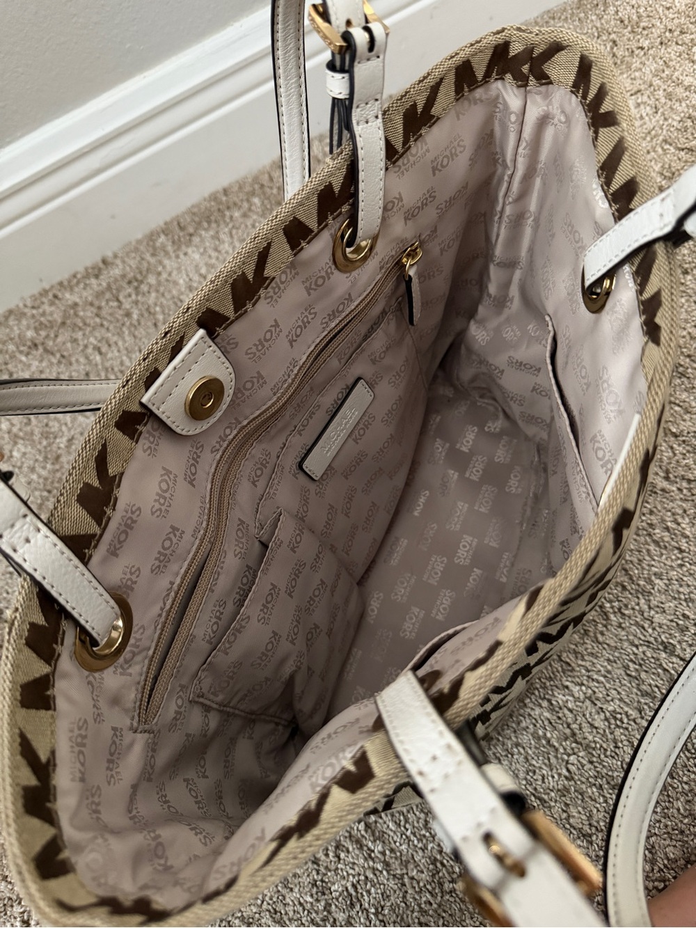 Michael Kors Brown Monogram Tote with White Handles - Picture 3 of 3